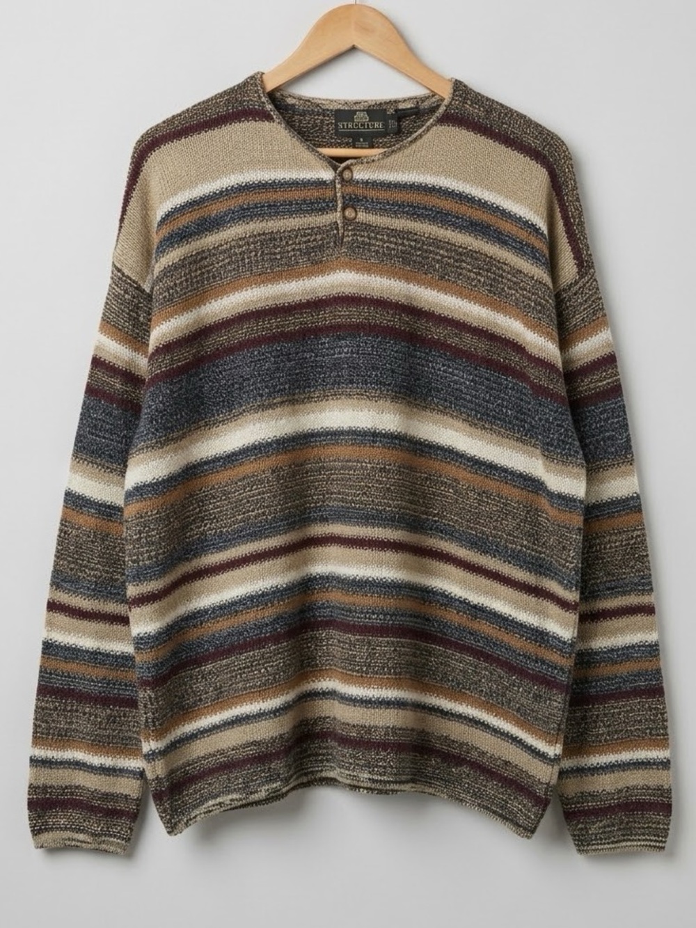 VTG 90s Structure Striped Henley Knit Grandpa Sweater Cotton Blend Size Large